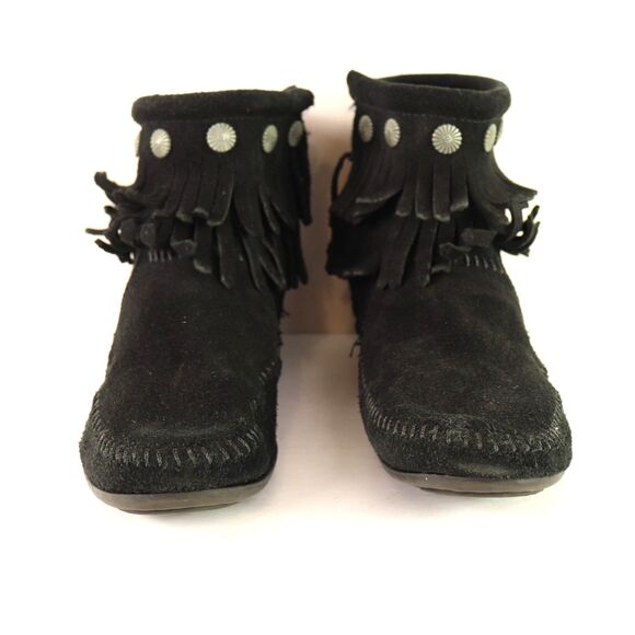 Minnetonka Double Fringe Ankle Booties Black Suede Moc Toe Zip 6 - Picture 5 of 9